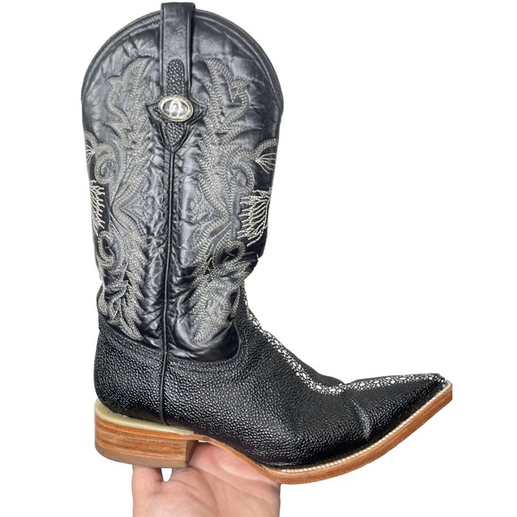 Dos De Oro Black Stingray Pointed Toe Western Boots‎ Size 7.5 Horse embroidered - Picture 1 of 12